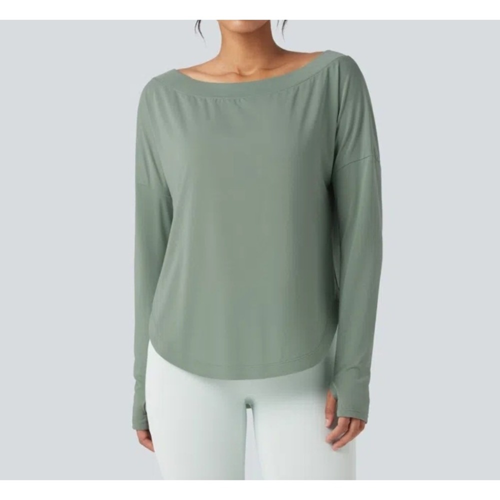 Halara One Shoulder Top Women L Iceberg Green Built in Bra Athleisure Clean Girl